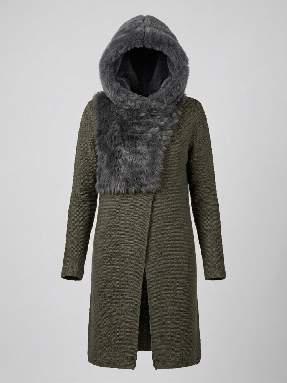 RUDSAK Olive Green Knit Longline Cardigan Real Fur Hood Duster Size Medium